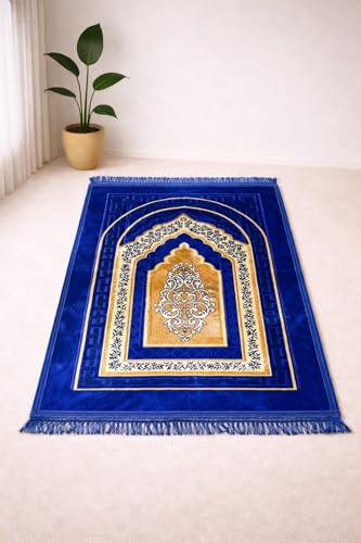 Image of Janamaz Prayer Mat Turkey Soft Velvet | Namaz Mat, Janimaz Namaz Aasan, Islamic Prayer Rug for Salah | 70x110 CM (Printed Blue3)