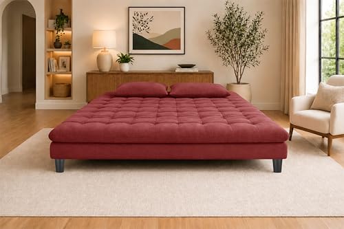 Image of 3-Seater Velvet Sofa Cum Bed, Tufted Convertible Sleeper Couch, Space-Saving Design, Comfortable Cushioned Seating - Red