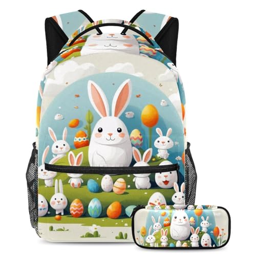 Sac à dos scolaire avec trousse pour adolescents et enfants motif lapin blanc
