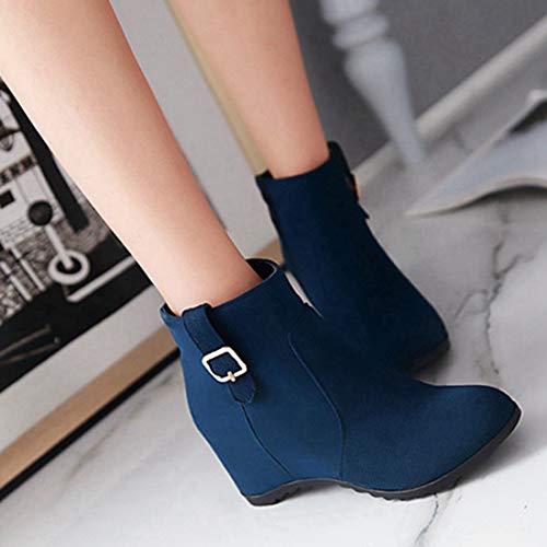 VOKLIN Women's Winter Wedge Dressy Ankle Boots Suede Round Toe Zipper Comfy Chunky Hidden Heel Short Booties4