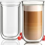 Aquach Double Wall Glass Cup 16oz 2pcs, Clear Insulated Coffee Drinking Glasses, Single Mouth/Double Body