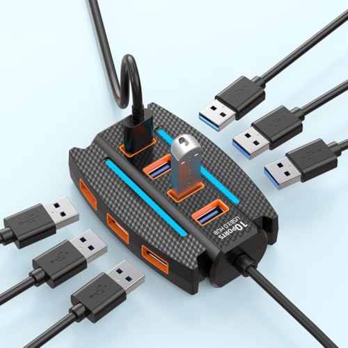 Image of 10 Port USB 2.0 Hub Splitter with Power /Data Port, 5gbps Hi-Speed Data Transfer, Plug and Play, USB Charging Docking Station Gaming Hub for Laptop, Computer (Black-Round) (10 Port (Flat))