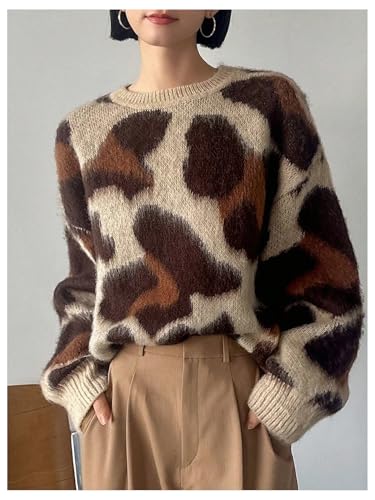 WDIRARA Women's Leopard Print Sweater Crew Neck Long Sleeve Pullovers Loose Knit Top4