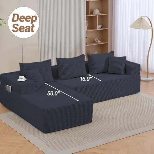 Image of 105'' Modular L-Shaped Boneless Sectional, Corduroy Deep Seat Cloud Sectional Couch, Small Space Sofa for Apartment Living Room Bedroom, No Assembly, Black