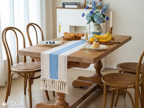 Image of FEXIA Summer Table Runner Light Blue for Home Decor with Tassels 72 Inches Farmhouse Long Rustic Table Runner Macrame Burlap Centerpieces for Tables Decoration for Baby Shower(12x72 Inches)