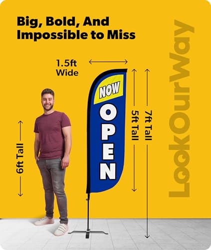 Image of LookOurWay Feather Flag Set - 5ft Tall Advertising Banner Flag with Pole Kit and X-Stand for Business Promotion - Now Open Blue /Yellow