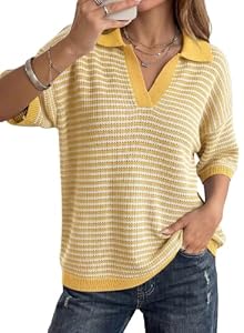 Dokotoo Half Sleeve Sweaters for Women Striped Knit 2026 Tops Yellow Cream