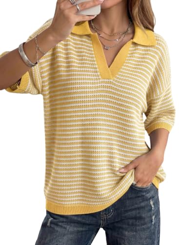 Dokotoo Half Sleeve Sweaters for Women Striped Knit 2026 Tops Yellow Cream