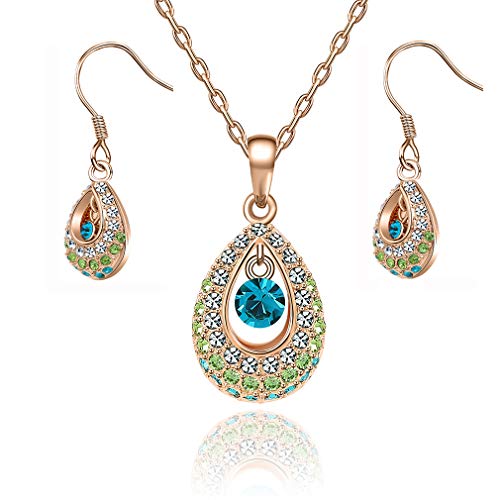 Swarovski Crystals Teardrop Dangling Pendant Necklace Drop Earrings for Women 14K Gold Plated Hypoallergenic Jewelry Set (Green Main Crystal/Rose Gold-tone)