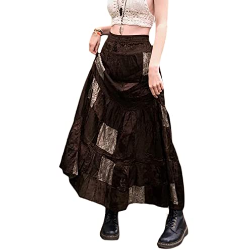Junliber Falda larga Estética Vintage Y2K Fairy Grunge A-Line Maxi Faldas Estampado Floral Patchwork Falda Plisada Streetwear, marrón, 36 Cover