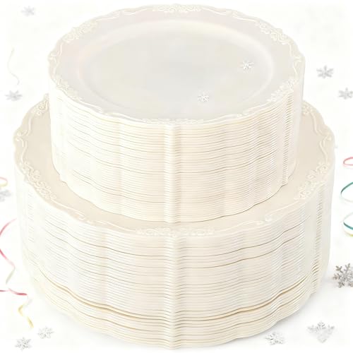 U-QE 100 Pieces Ivory Plastic Plates for Party - Ivory Disposable Plastic Plates - Heavy Duty Disposable Platos Including 50 Dinner 10 '' & 50 Dessert 7.5 '' for Christmas U-QE 100 Pieces Ivory Plastic Plates for Party - Ivory Disposable Plastic Plates - Heavy Duty Disposable Platos Including 50 Dinner 10 '' & 50 Dessert 7.5 '' for Christmas