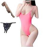 [OLYOLY] 3点セット 穴あき 超ハイレグ レオタード 透ける お姉さん 過激 セクシー コスプレ ニーハイ Tバック (01 ピンク)