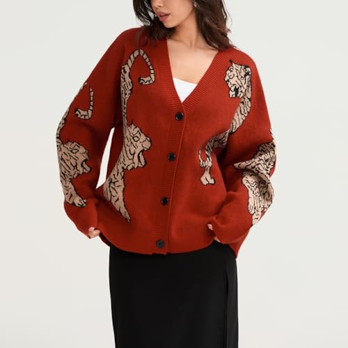 Image of Tiger Print Cardigan Sweaters for Women Button Up Y2k Knitted Cardigans Oversized Long Sleeve Sweater Coats(Orange Brown,S)