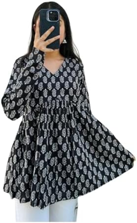 TAJ FASHION Women’s Flowy Cotton Floral Printed A-Line Tunic Top | Long Sleeve V-Neck Short Kurti Top for Casual (in, Alpha, S, Black)