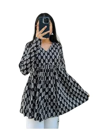 TAJ FASHION Women’s Flowy Cotton Floral Printed A-Line Tunic Top | Long Sleeve V-Neck Short Kurti Top for Casual
