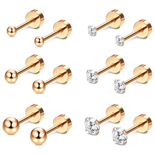 Kakonia 6 Pares De Pendientes Para Mujer Hombre Titanio Acero Quirúrgico Piercing Oreja Plata Oro Rosa Oro Negro Pendientes Pequeños Múltiples Piercing Hipoalergénico Circonita Cartílago Helix Set