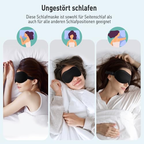 Umisleep 2er Pack Schlafmaske für Seitenschläfer, 3D-Augenhöhlen und verstellbares Gummiband, lichtblockierend und atmungsaktiv, Augenmaske für Männer Frauen, für Reise-Yoga, Schwarz/Schwarz