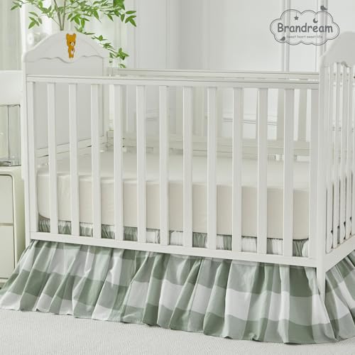 Image of Brandream Gingham Gathered Crib Skirt, Baby Boy, Baby Girl, Gender Neutral Crib Skirt, 100% Cotton, 4-Sided, Green Buffalo Plaid Toddler Bedskirt Farmhouse Chic Nursery Crib Bed Skirt Dust Ruffle