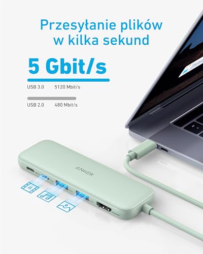 Anker Hub USB C, koncentrator USB-C 332 (5 w 1) z wyświetlaczem 4K HDMI, portem danych 5 Gb/s i 2 portami USB-A do MacBook Pro, Air, Dell XPS, Lenovo Thinkpad, laptopów HP więcej (zielony)