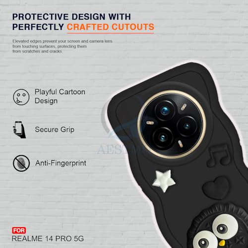 Image of AESTMO Back Case Cover for Realme 14 Pro 5G | 3D Cute Fun Cartoon Characters | Anti Slip Grip Cute Wave Curly Frame Shape | Back Cover for Realme 14 Pro 5G | (Black)