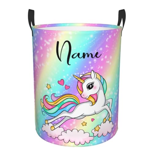 Custom Baby Unicorn Laundry Basket with Name Personalised Kids Dirty Clothes Hamper Canvas Customise Waterproof Round Storage Basket With Handles for Bedroom Bathroom Girls Boys Gifts Small