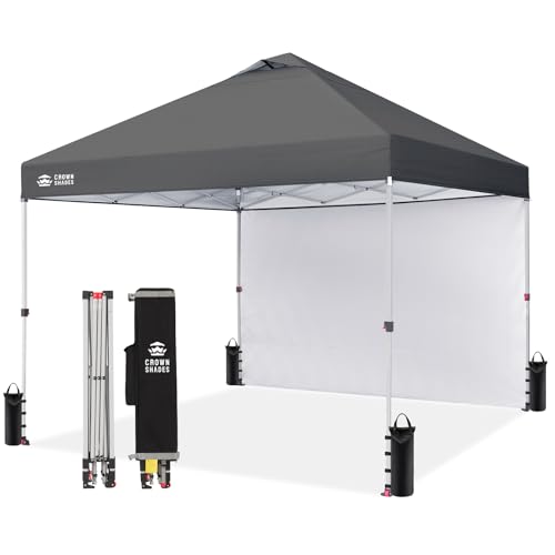 CROWN SHADES 12x12 Pop Up Canopy Tent Instant Commercial with 150D Silver Coated Fabric Including 1 Removable Sidewall, 4 Ropes, 8 Stakes, Weight Bags, STO 'N Go Bag, Grid Grey