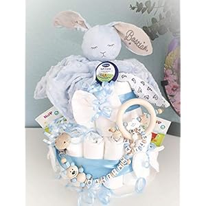 Windeltorte XXL – Kuscheltier süßer Hase – Schnullerkette & Greifling – Geschenk, Babyparty, Geburt Taufe + auf Wunsch Gratis Grußkärtchen