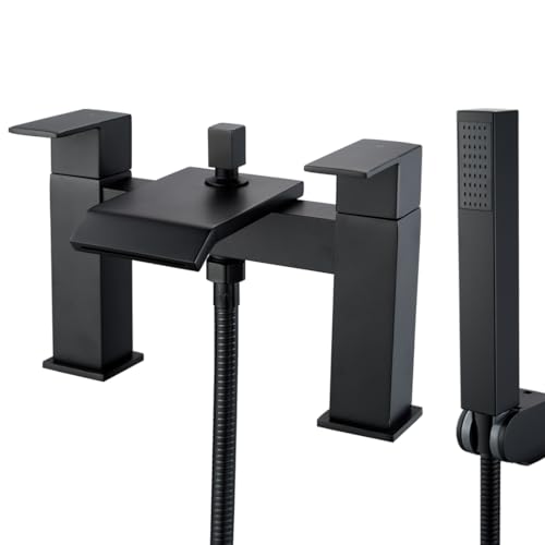 Image of Black Waterfall Bath Mixer tap Bathroom Square Monobloc Double Lever Bath Filler Mixer Tub Tap