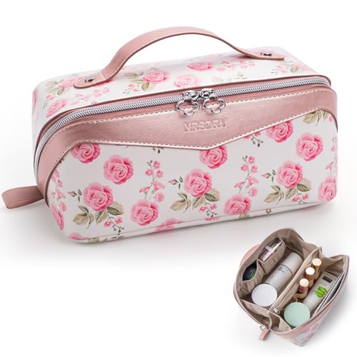 Travel Makeup Bag，Large-capacity waterproof cosmetic bag，Travel bags and toiletries bags for women，PU leather material，Multi-zone and large opening design (Rose Gold flower)