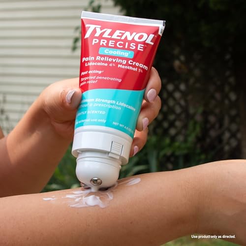 Tylenol Precise Cooling Cream, Strong Pain Relief with Fast-Acting Sensation, 4% Lidocaine, 1% Menthol, Maximum OTC Strength Relief for Back, Muscle & Joint, Numbing Cream Rollerball Applicator, 4 oz