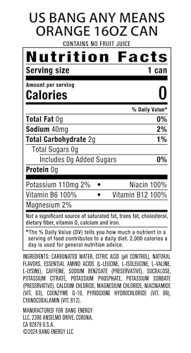Image of Bang Energy Any Means Orange, Sugar-Free Energy Drink, 16-Ounce | Pack of 12