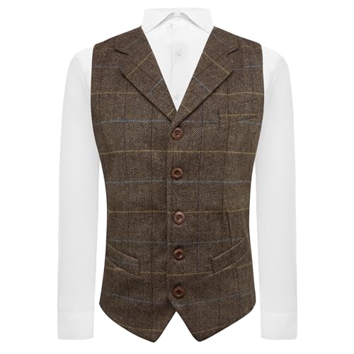 Image of King & Priory Walnut Brown Herringbone Check Waistcoat with Lapel - XXXL