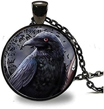 XLPINGRaven Pendant, Raven Necklace, Crow Necklace, Bird Jewelry - Women's Unisex Gift - Black Glass Pendant with Simulated Pearl - 24" Chain - Spring Ring Clasp