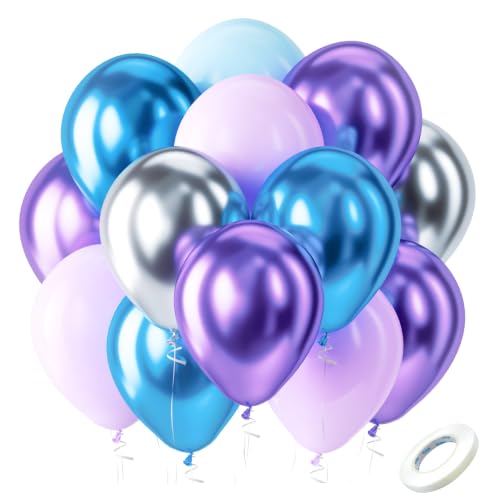 Image of Bezente Frozen Balloons Set 60pcs 12 inch | Blue Purple and Metallic Silver Helium Balloons for Girls Birthday Wedding Baby Bridal Shower