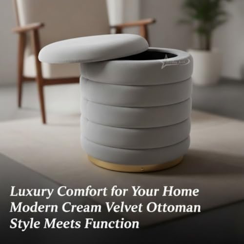 Image of Round Velvet Single-Strip Office Stool Foot Rest Stool, Linen Fabric Padded Seat Pouf Ottoman, 14 X 14 X 16 inch, Round Shape for Living Room, Office, etc. Grey