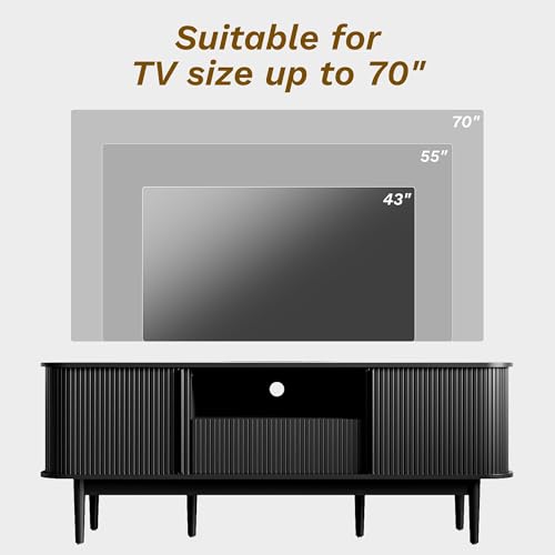 Image of Furniway Modern TV Stand for 45 /55 /70 inch TV, Entertainment Center with Sliding Doors and Storage, Wood TV Stand for Bedroom, Living Room, Black