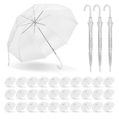Clear Bubble Umbrellas for Wedding 30 Pack 48 Inch Large Canopy Clear Bubble Umbrellas with Auto Open J-Handle Windproof Transparent POE Dome Umbrella for Weddings Prom Graduation Photography 4th of July Decorations