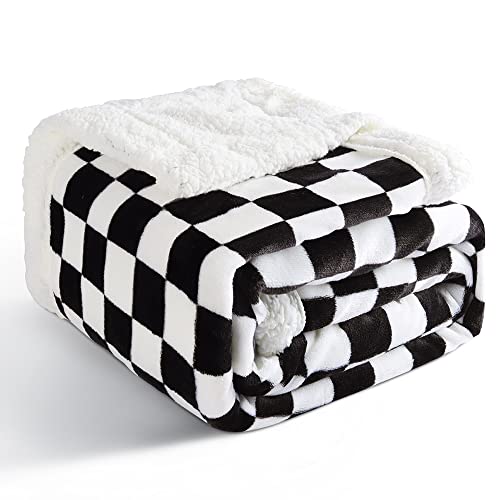 Queenshin Checkerboard Plaid Fluffy Sherpa Fleece Blankets Twin Size 60 * 80 Inch, 500 Gms Christmas Double Bed Snuggle Throws For Couch Sofas, Black And White #TOP1