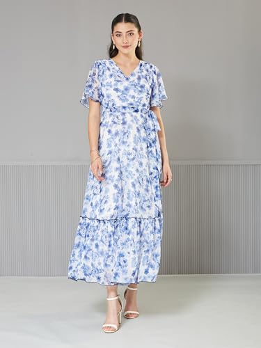 Image of Miss Chase Women's Floral V-Neck Flutter Sleeve Wrap Chiffon Maxi Dress