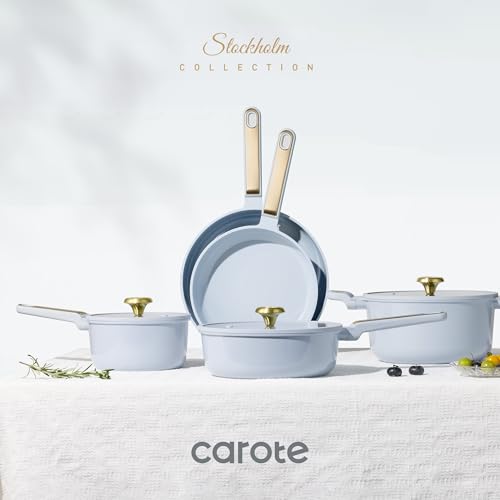 Image of CAROTE Ceramic Cookware Set Nonstick, 14pcs Pots and Pans Set Nonstick, Non-Toxic & PFAS-Free, Dishwasher, RV /Camping Cookware Set, Cooking Pots with Lids, Pastel Blue