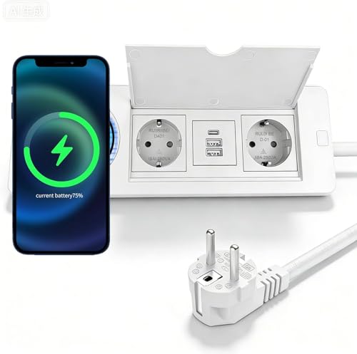 Regleta de 2 enchufes retráctil, con carga inalámbrica de 15 W, enchufe empotrable con tapa deslizante, cable de 1,8 m, para escritorio, cocina, oficina, mesa de sofá, mesa de conferencias, color