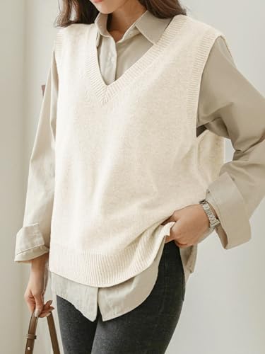 Image of Wowcarbazole Womens V Neck Sweater Vest Casual Ribbed Knitted Sleeveless Trendy Pullover Tank Tops Fall