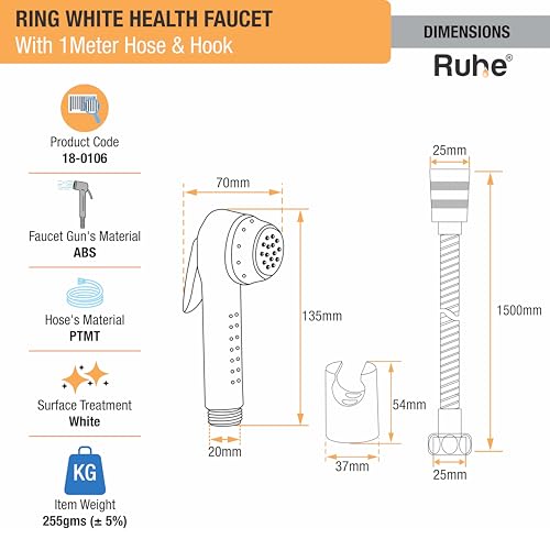 Image of Ruhe Ring White Health Faucet Set for Bathroom /Handheld Jet Spray for Toilet | ABS Health Faucet Hand Spray Gun with ABS 1 Meter Ultra Flexible Hose Pipe and Wall Hook /Holder | White Color