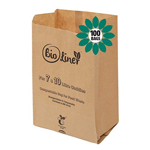 7L & 10L - 100 x Paper - Compostable Brown Caddy Food Waste Bin Liners/Bin Bags