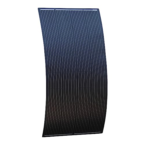 200W black semi-flexible fibreglass solar panel with round rear junction box & 3m cable, durable ETFE coating and monocrystalline solar cells for motorhome, caravan, campervan, boat or off-grid system