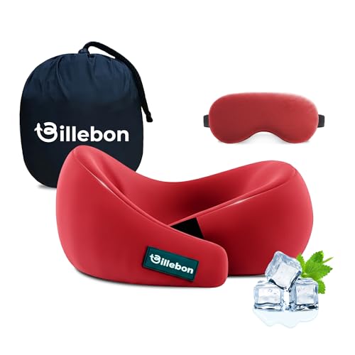 Image of Billebon Memory Foam Neck Pillow, Travel Pillow with Adjustable Velcro Straps, Neck Pillow for Travelling & Flight Travel, Ergonomic Support for Comfort & Pain Relief(Red Combo)