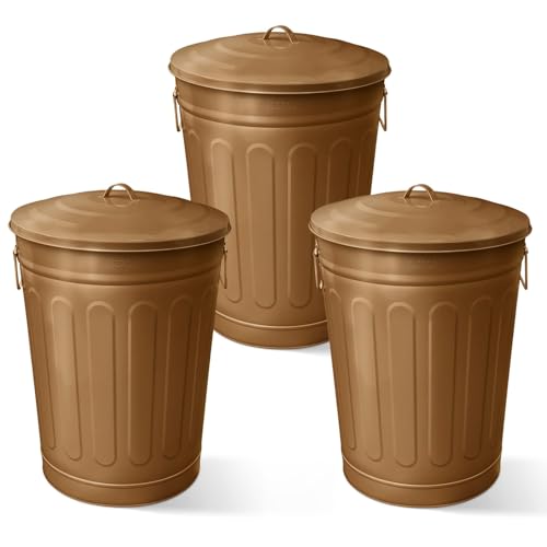 Image of Plexon 13 Gallon Metal Trash Can with Lid Outdoor Vintage Trash Can Steel Retro Garbage Can for Kitchen Farmhouse Rustic Bird Seed Storage Pet Food Cute Bucket, Brown 3 Pack