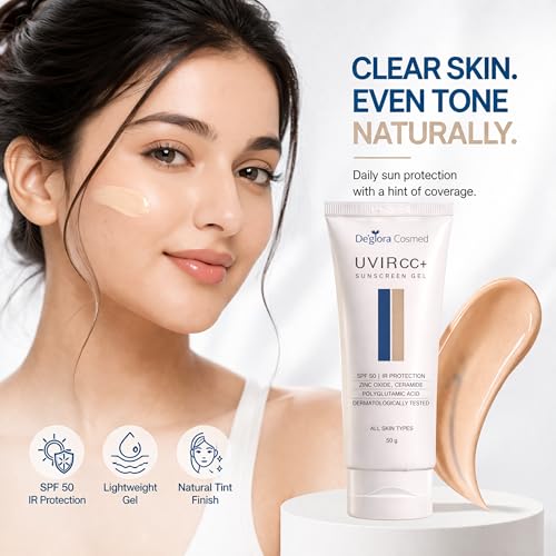 Image of Deglora UVIR CC+ Colour Correction Sunscreen with Instant Glow SPF 50 PA++++ | Tinted Sunscreen Gel for Face | Zinc Oxide, Ceramide & Polyglutamic Acid | Oil-Free Matte Finish, No White Cast | Broad Spectrum UVA /UVB Protection | 50 g