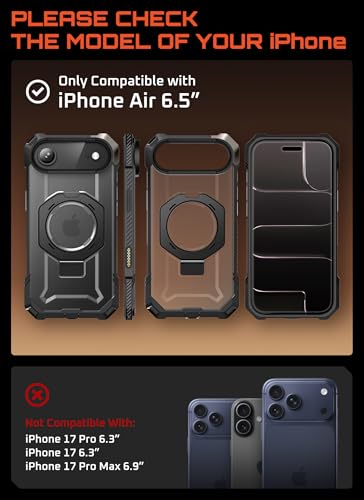 Image of SUPCASE for iPhone Air Case with Stand & Camera Control Button, Black | Compatible with MagSafe, Military-Grade Drop Protection, Anti-Slip Grip, Heavy Duty Magnetic Phone Case, Unicorn Beetle Grip