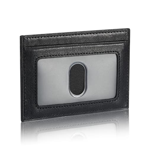 Image of HISCOW Slim Full Grain Leather Card Holder with ID Window, Veg-Tanned Black | Men's minimalist EDC wallet, front pocket carry, 2 credit card slots & center pocket, fits folded bills, premium gift box